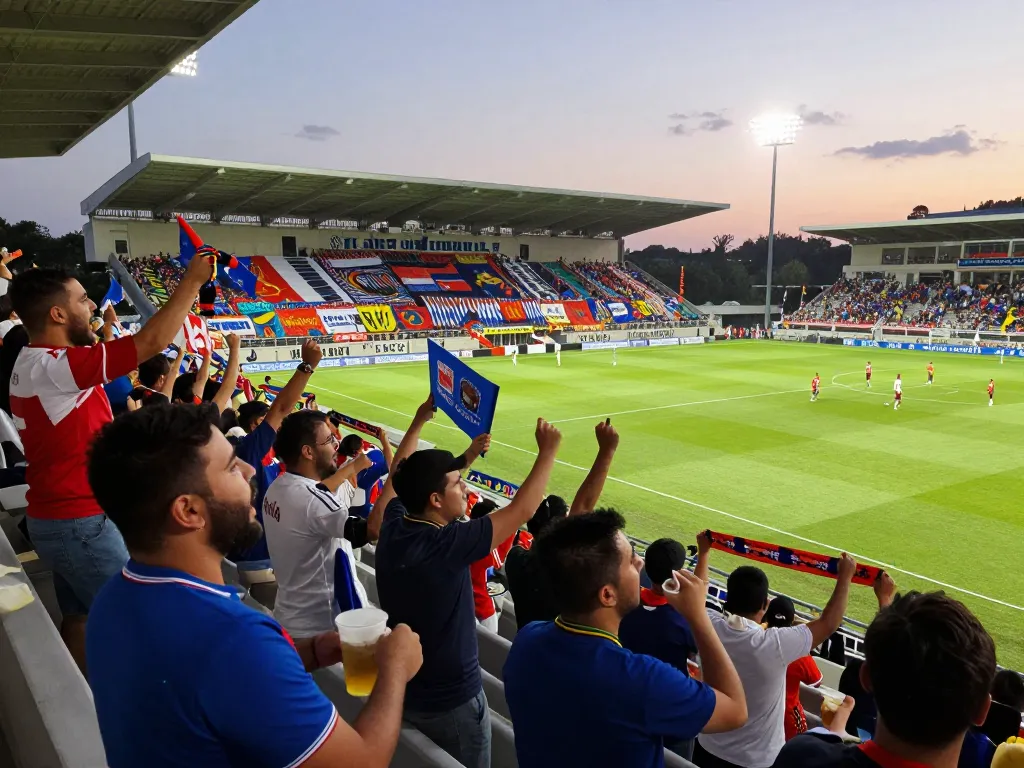 Crowd cheering for Nowgoal during a thrilling live soccer match in a vibrant stadium atmosphere.