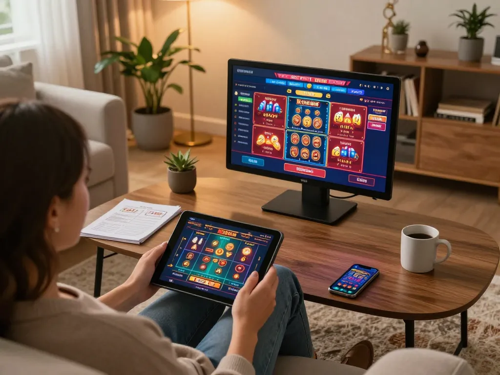 Engaging with the online casino at https://ee888.sa.com/ on a tablet in a cozy home environment.