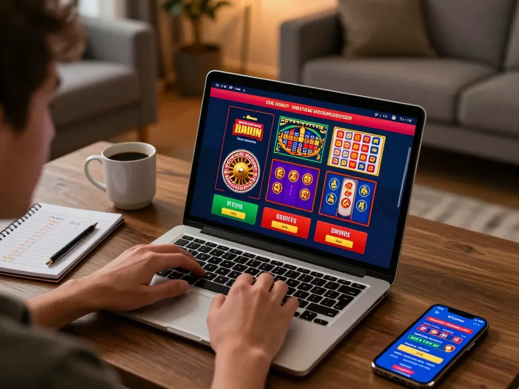 Player immersed in 88CLUB online casino gaming on laptop, showcasing vibrant game interface and responsible betting.