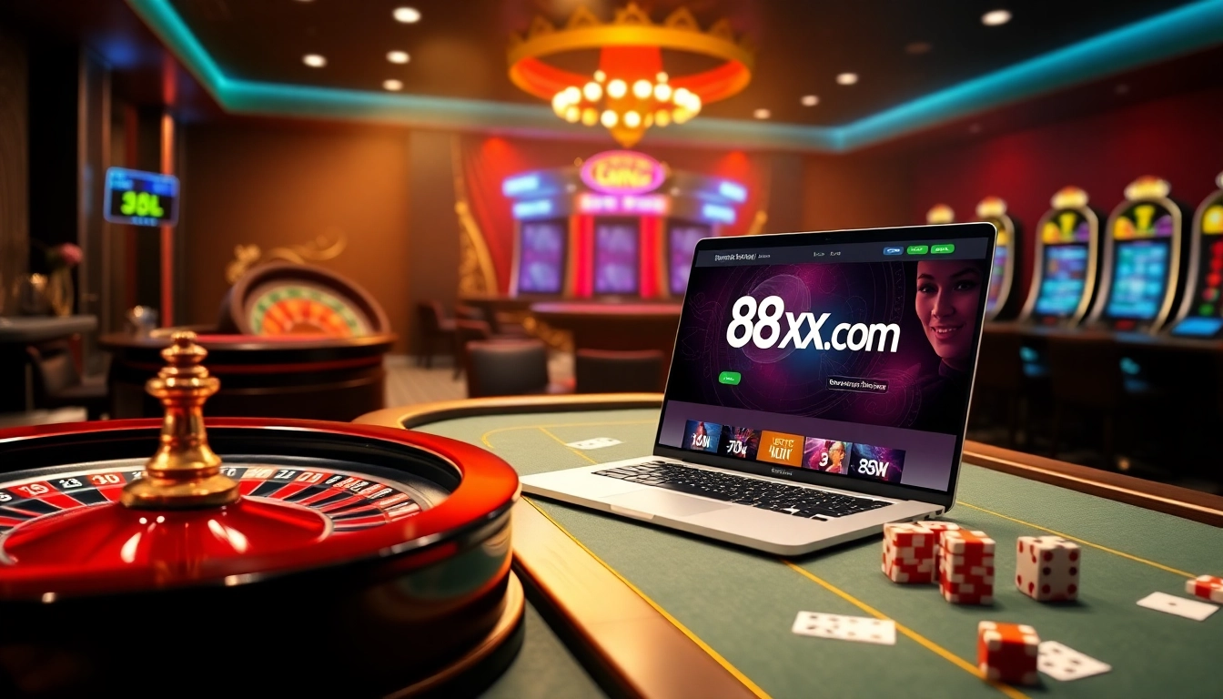 Engage players at 88xx.com with a vibrant online casino scene featuring roulette and poker tables.