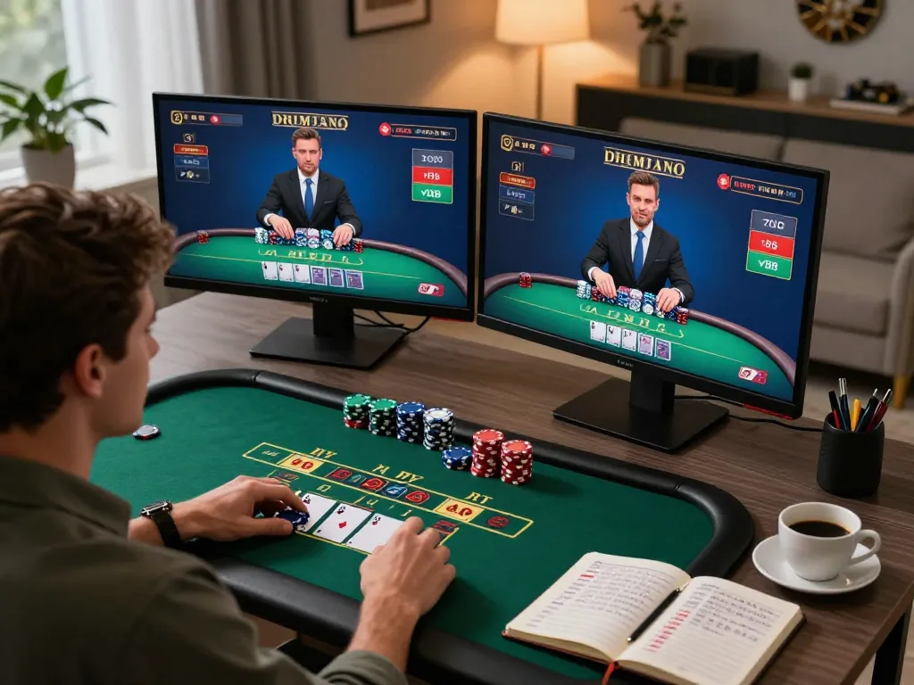 Engaging in Ev88 online blackjack strategy with dual monitors and live dealer connection in a stylish home office.