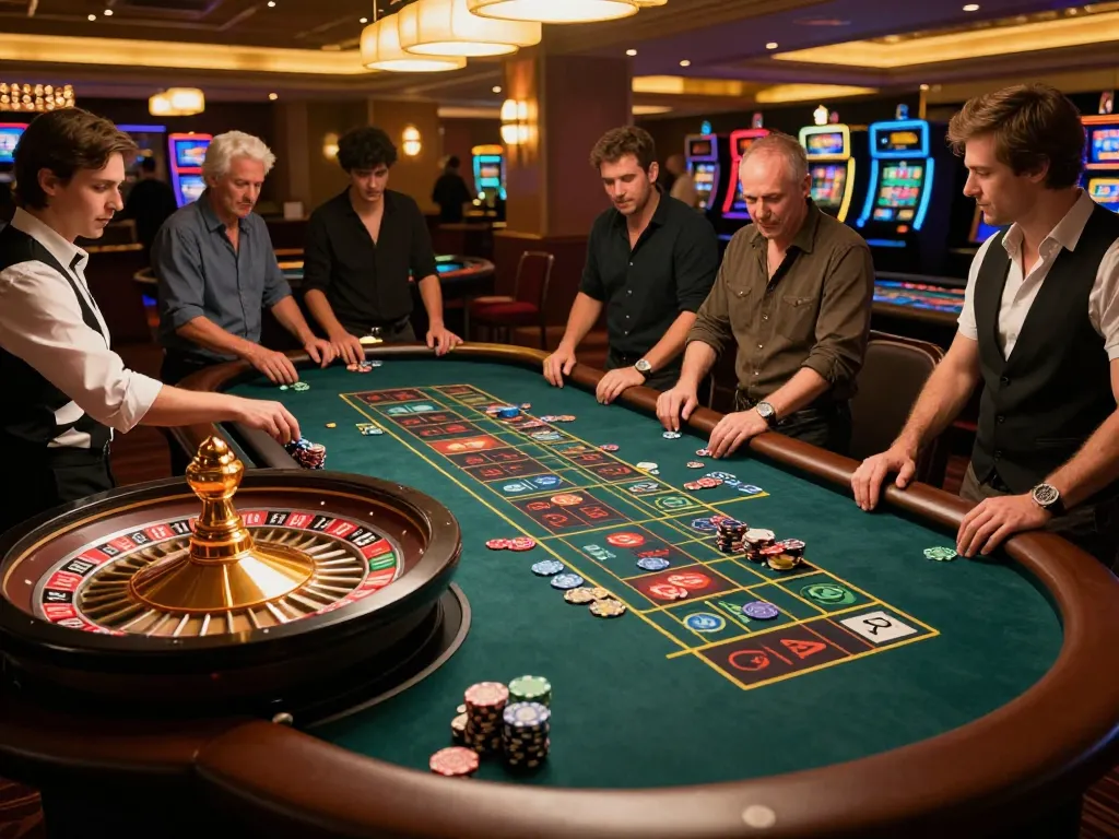 Casino scene with players betting at roulette table at nhà cái lv88, showcasing excitement and vibrant atmosphere.