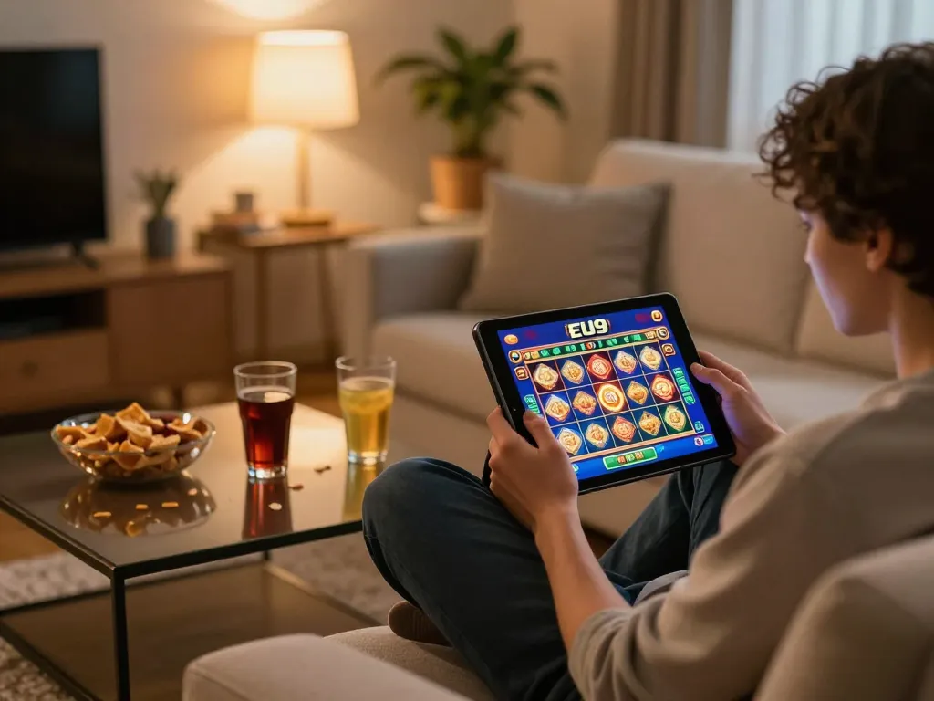 Player enjoying EU9 online casino gaming on tablet in cozy living room.