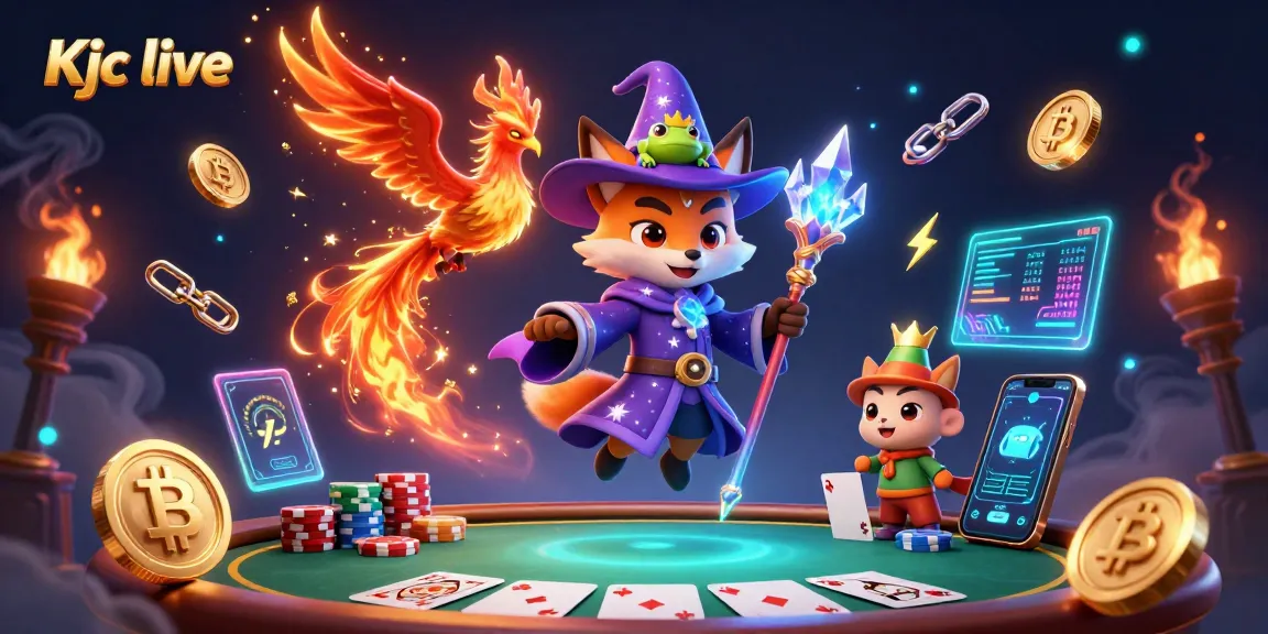 Engage in thrilling gameplay at Kjc live with enchanting characters, poker tables, and cryptocurrency elements.