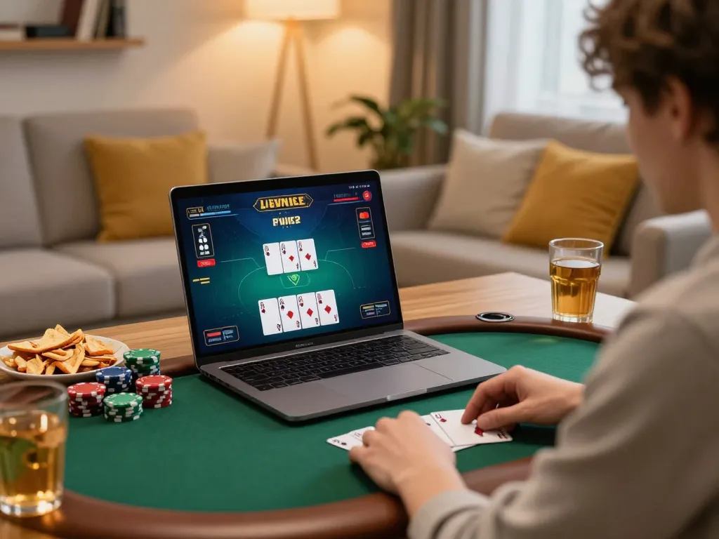 SAY88 player enjoying online poker game with vibrant interface at home, showcasing relaxed atmosphere