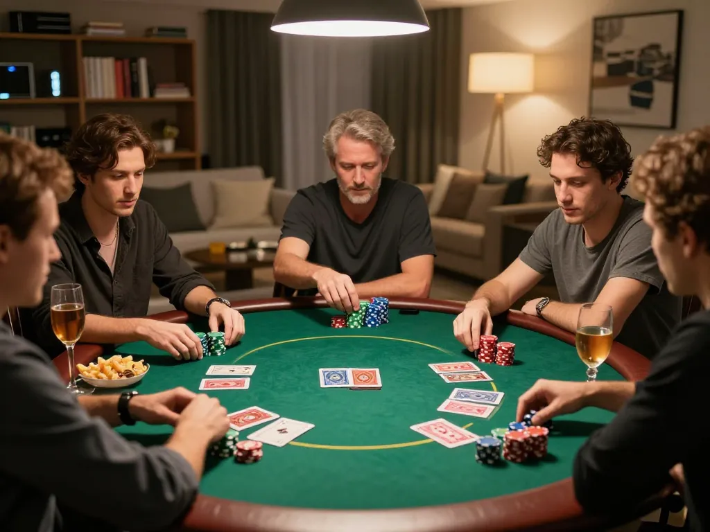 Cucu777 poker night scene with friends strategizing over cards and chips, warm atmosphere