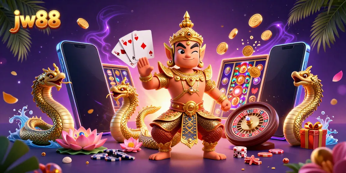 Engage in thrilling gameplay at jw88 with a 3D illustration of casino elements and mythical guardians