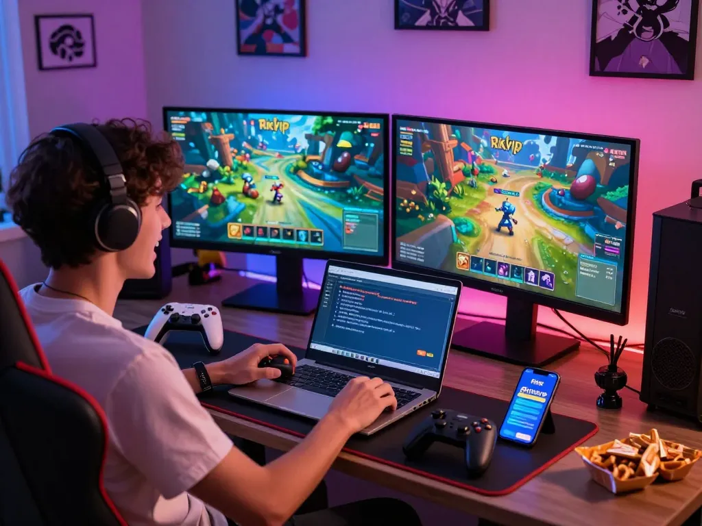 Player engaging with the Rikvip app in a colorful gaming setup, showcasing excitement and vibrant graphics.