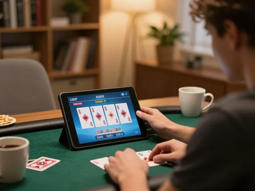 Players strategizing at LV88 online poker game with cozy home lighting