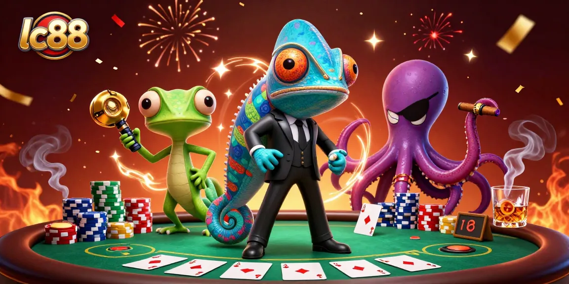 Engage in exciting gameplay at lc88 with a vibrant casino scene featuring a secret agent chameleon and poker elements.