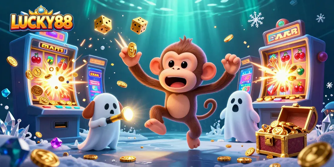 Experience thrilling gameplay with LUCKY88's vibrant casino scene featuring a poltergeist monkey and treasure.