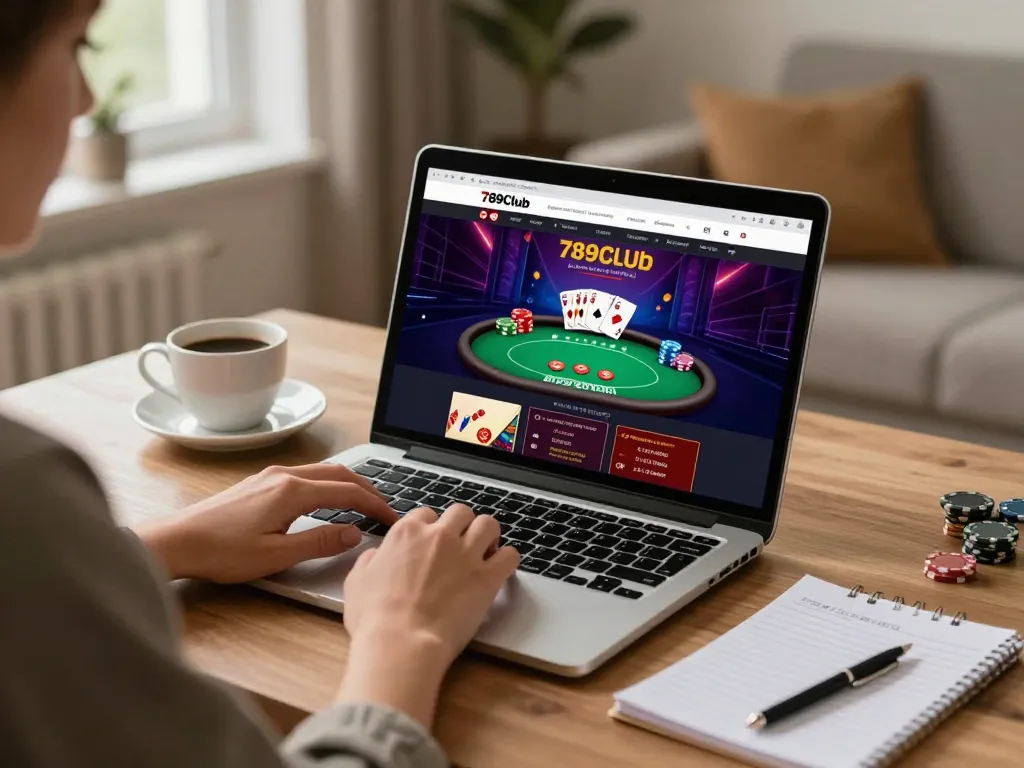 Engaging in strategic gameplay at 789Club casino, highlighting responsible gambling in a cozy home setting.