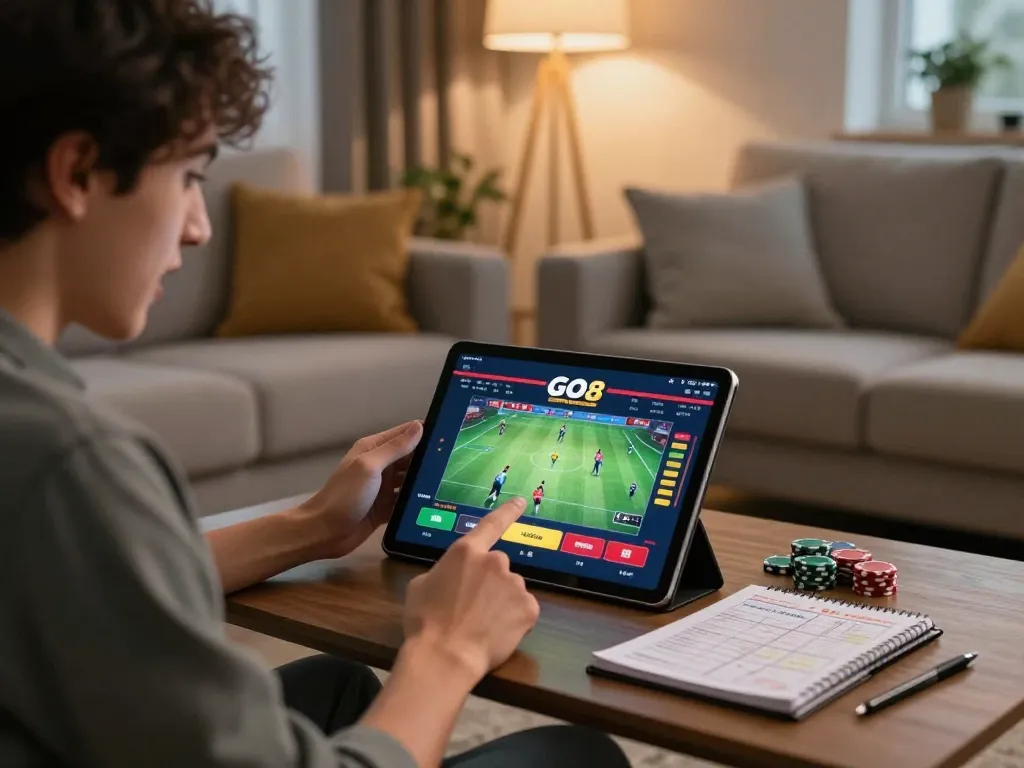 Player enjoying online betting on GO8's platform while analyzing strategy notes.