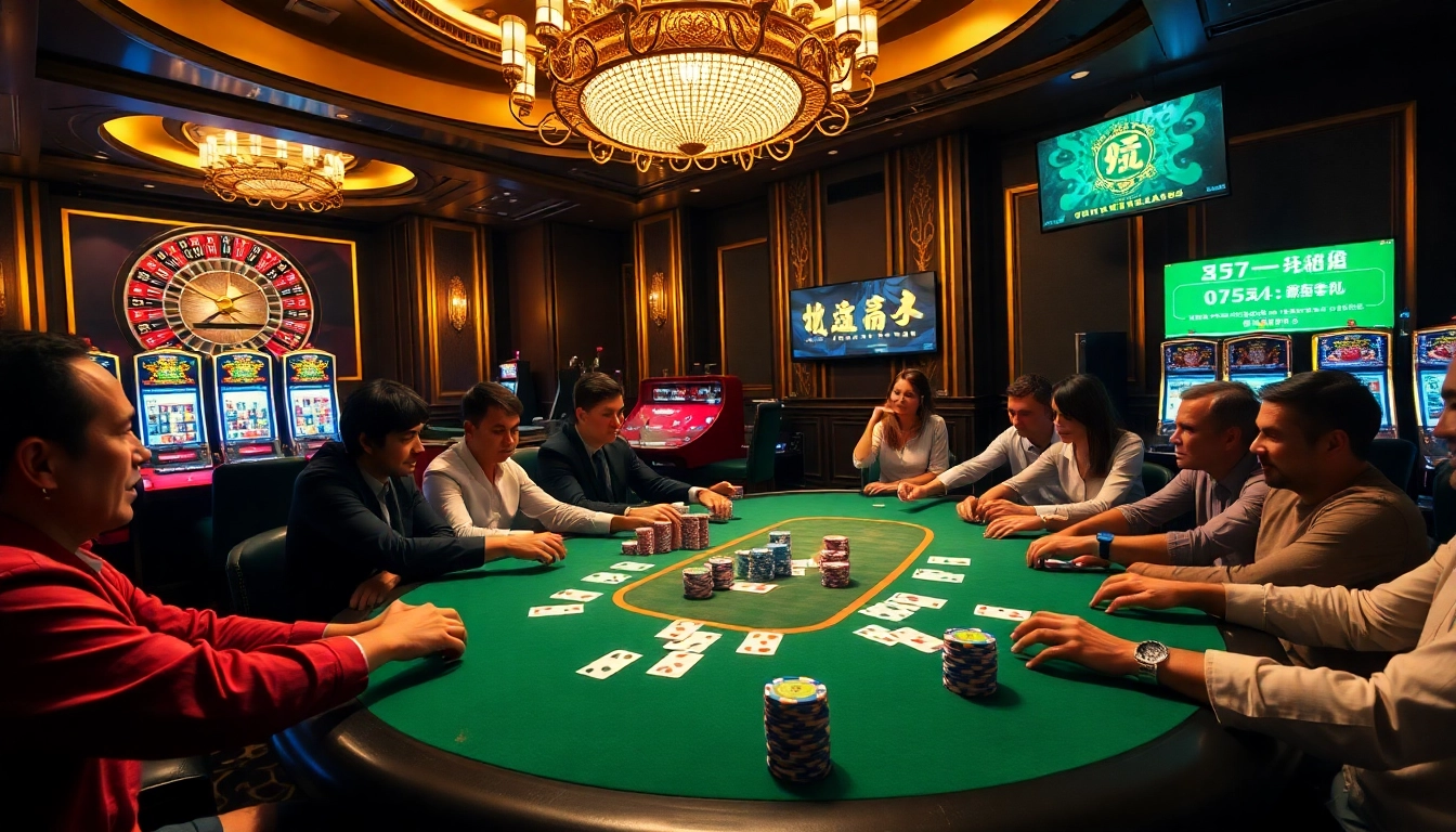 Experience high-stakes action in a luxurious casino scene featuring a 'লগইন' interface on poker tables.