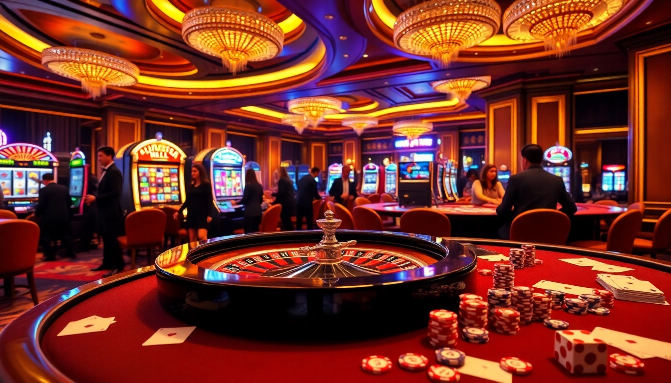 Exciting gambling action at 555w.in featuring a roulette table, poker chips, and vibrant slot machines.