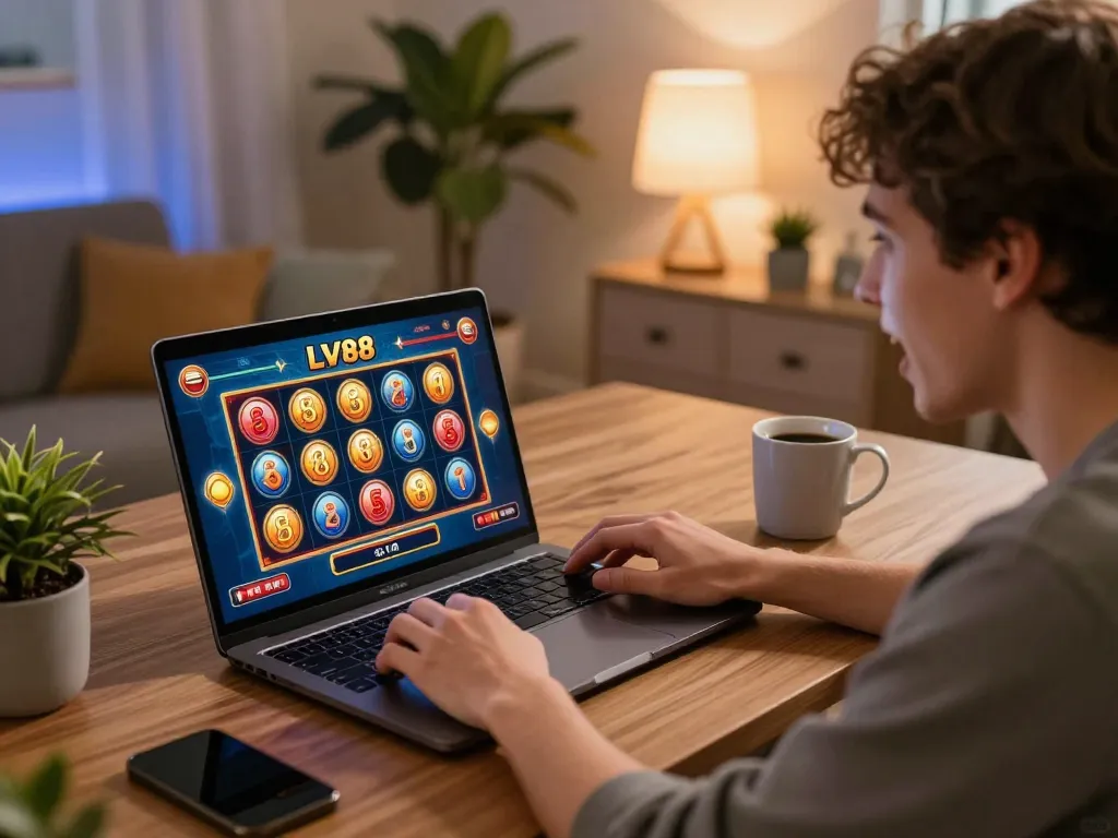 Player enjoying LV88 online casino games on a cozy home laptop setup, showcasing excitement and strategic gameplay.