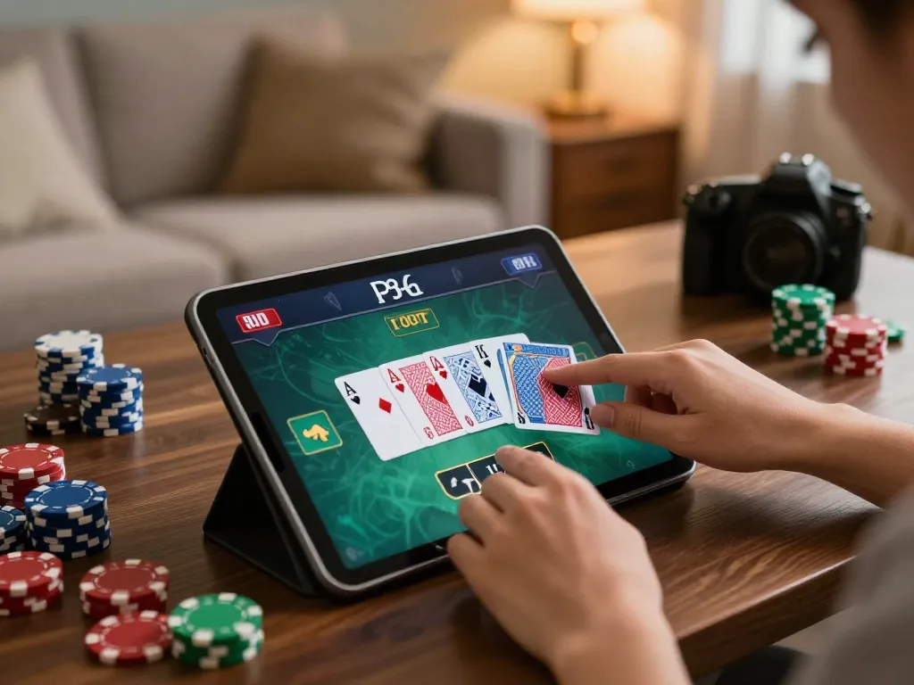 Engaged player enjoying online poker on a tablet while seated comfortably, showcasing onbet com.