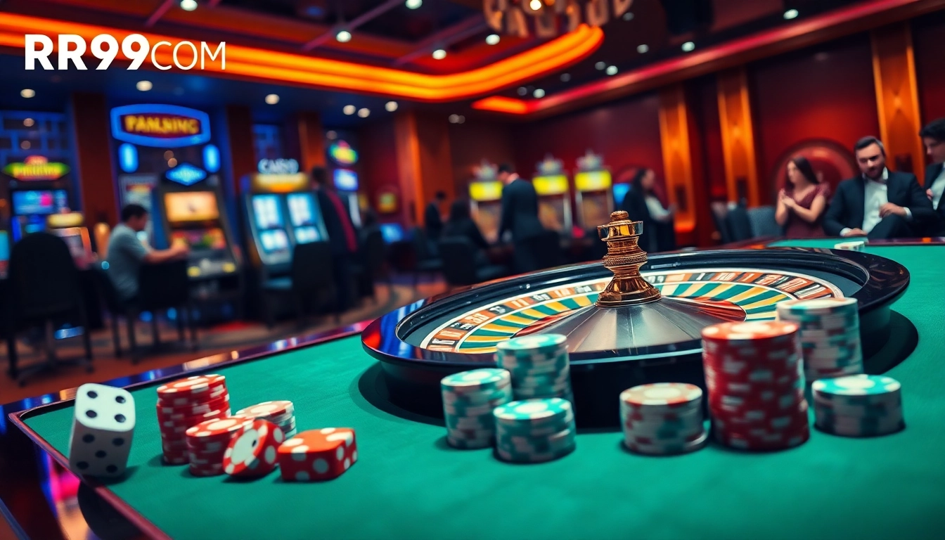 Engage with RR99COM's thrilling online casino experience featuring roulette, poker chips, and vibrant slot machines.