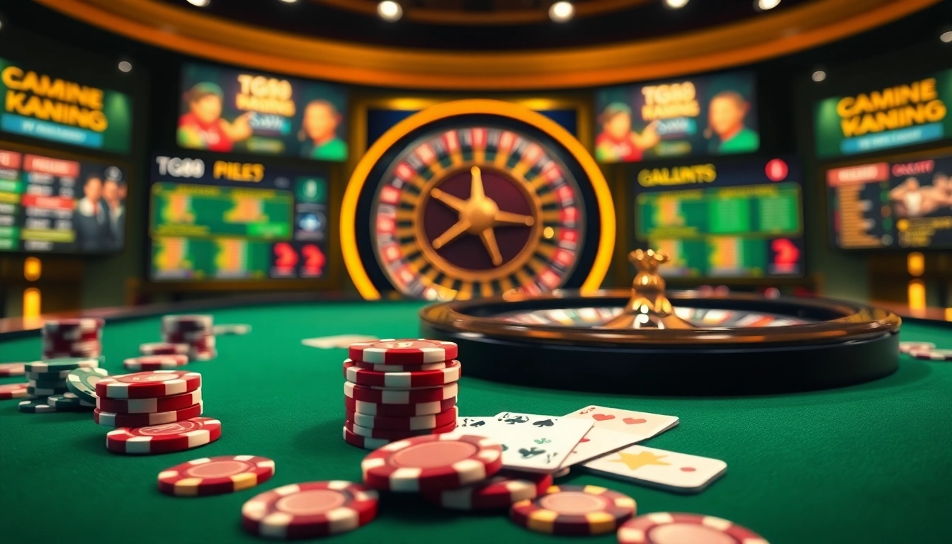 Engage with the exhilarating TG88 đăng nhập experience, featuring vibrant casino elements like poker chips and a roulette wheel.