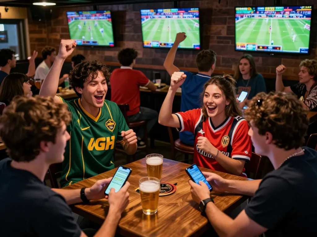 Exciting sports betting atmosphere at a bar showcasing sc88bn bets and live game excitement.