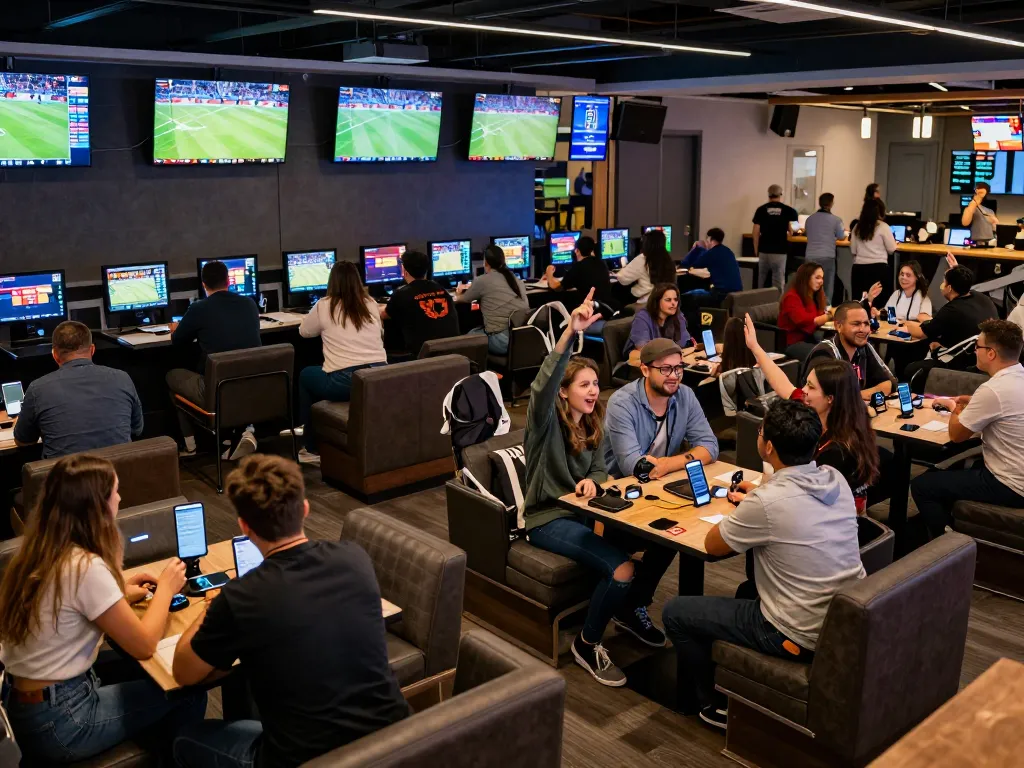 Tỷ lệ kèo nhà cái displayed on digital boards in a busy sports betting venue.