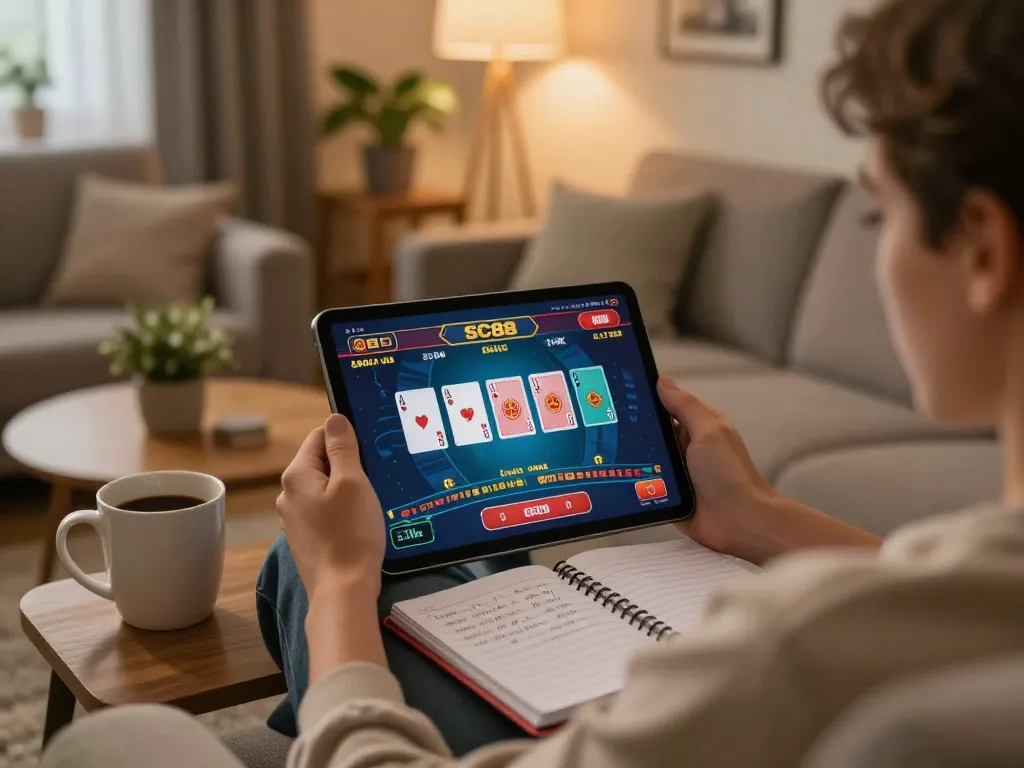 SC88 player enjoying live casino games on tablet in a cozy home setting