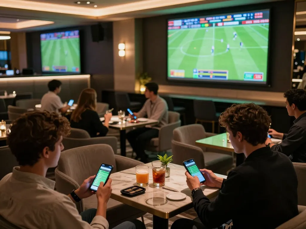 Nhandinhkeonhacai shows bettors analyzing odds in an upscale sports betting lounge while watching live football matches.