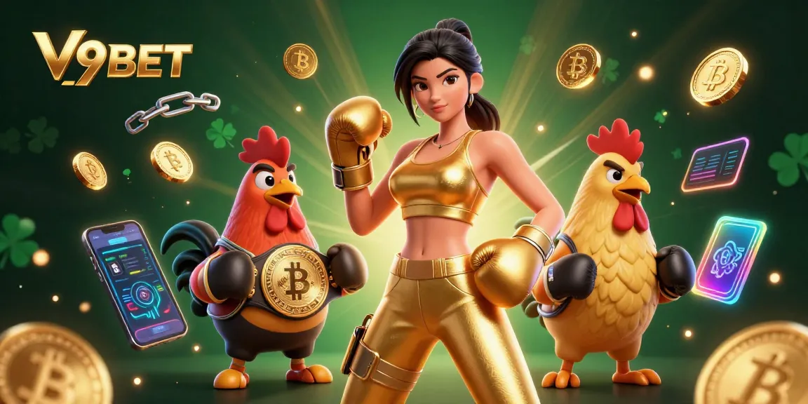 Win big with V9BET at an exciting gaming scene featuring lively characters and digital elements.