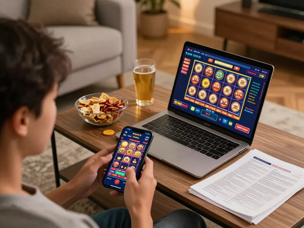 User engaging with online gambling app abc8go on smartphone at cozy home setup.