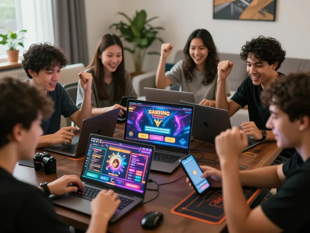 Dynamic online gaming scene with players enjoying hm88 betting experience on their devices.