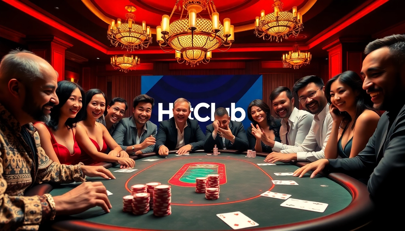 Engaging casino atmosphere at https://hitclub9.vip/ with lively poker game featuring players, chips, and cards.