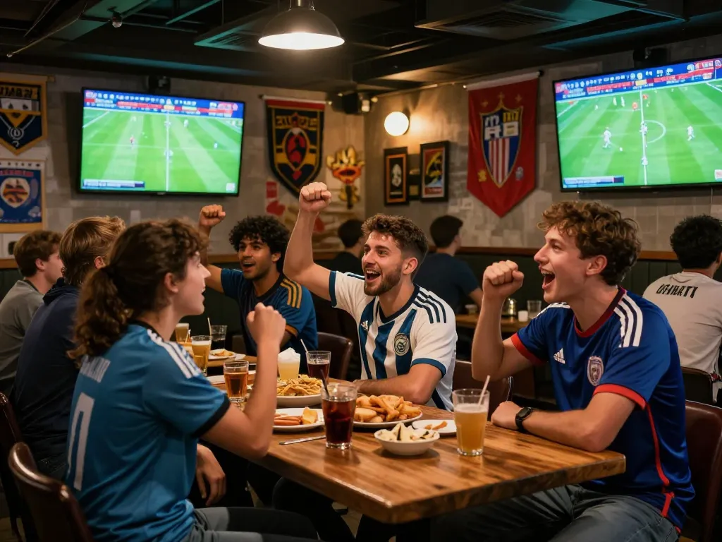 kèo bóng đá excitement in a lively sports bar with fans cheering for teams