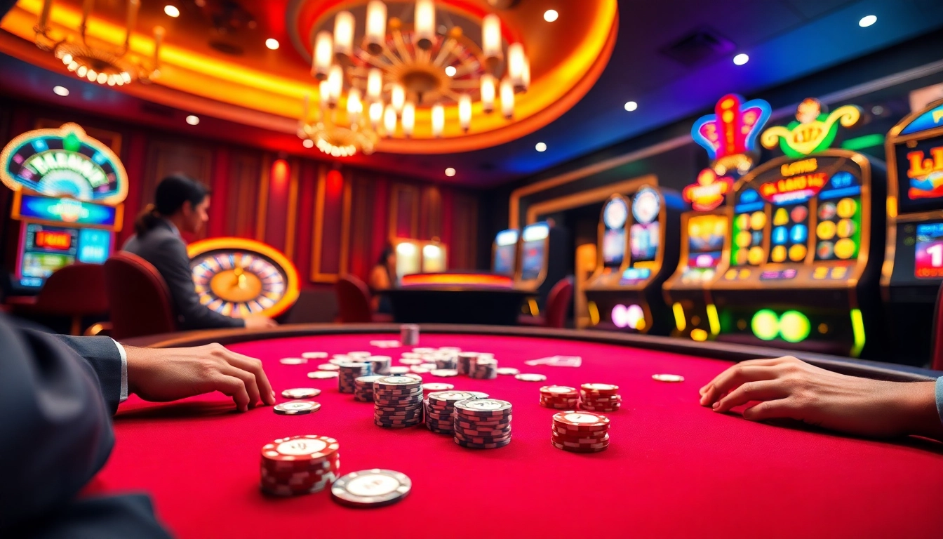 Enjoy a thrilling poker game at https://bem88.com with vibrant chips and cards in a luxurious casino.