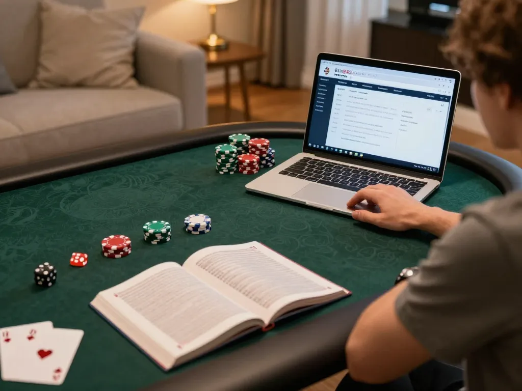 Person engaging in online poker at king88 com, surrounded by strategy materials and colorful poker chips.