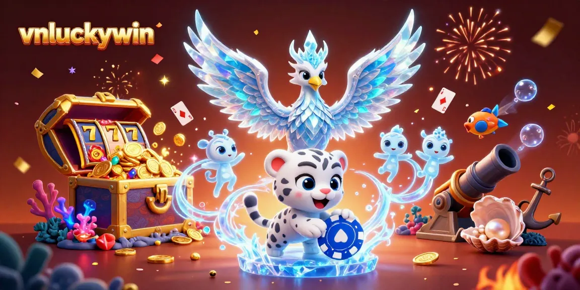 Experience the thrill of vnluckywin with a 3D ice phoenix, vibrant casino elements, and festive aesthetics.