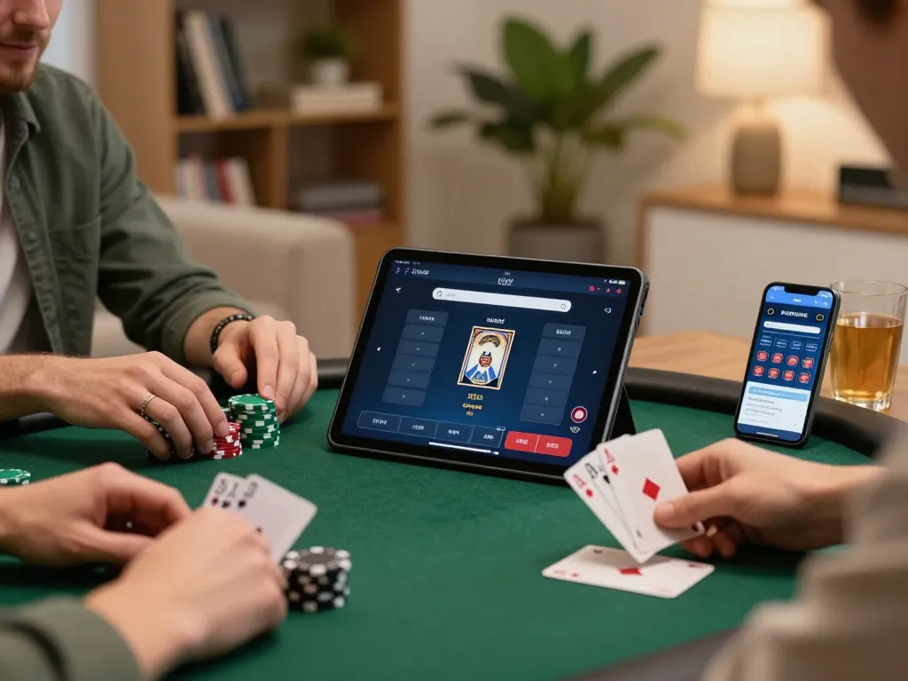 Engaging in online gameplay at hit club with poker cards and chips in a cozy home setting