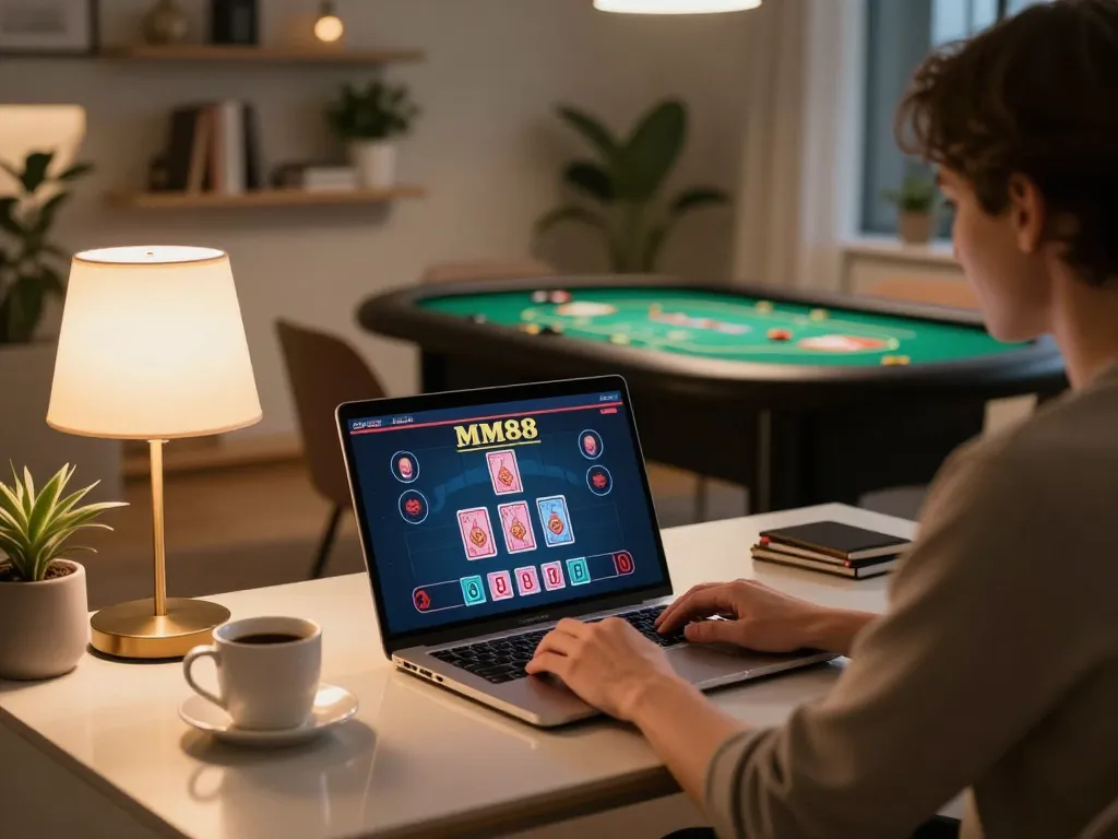 Person playing MM88 online casino at home with laptop and strategic notes