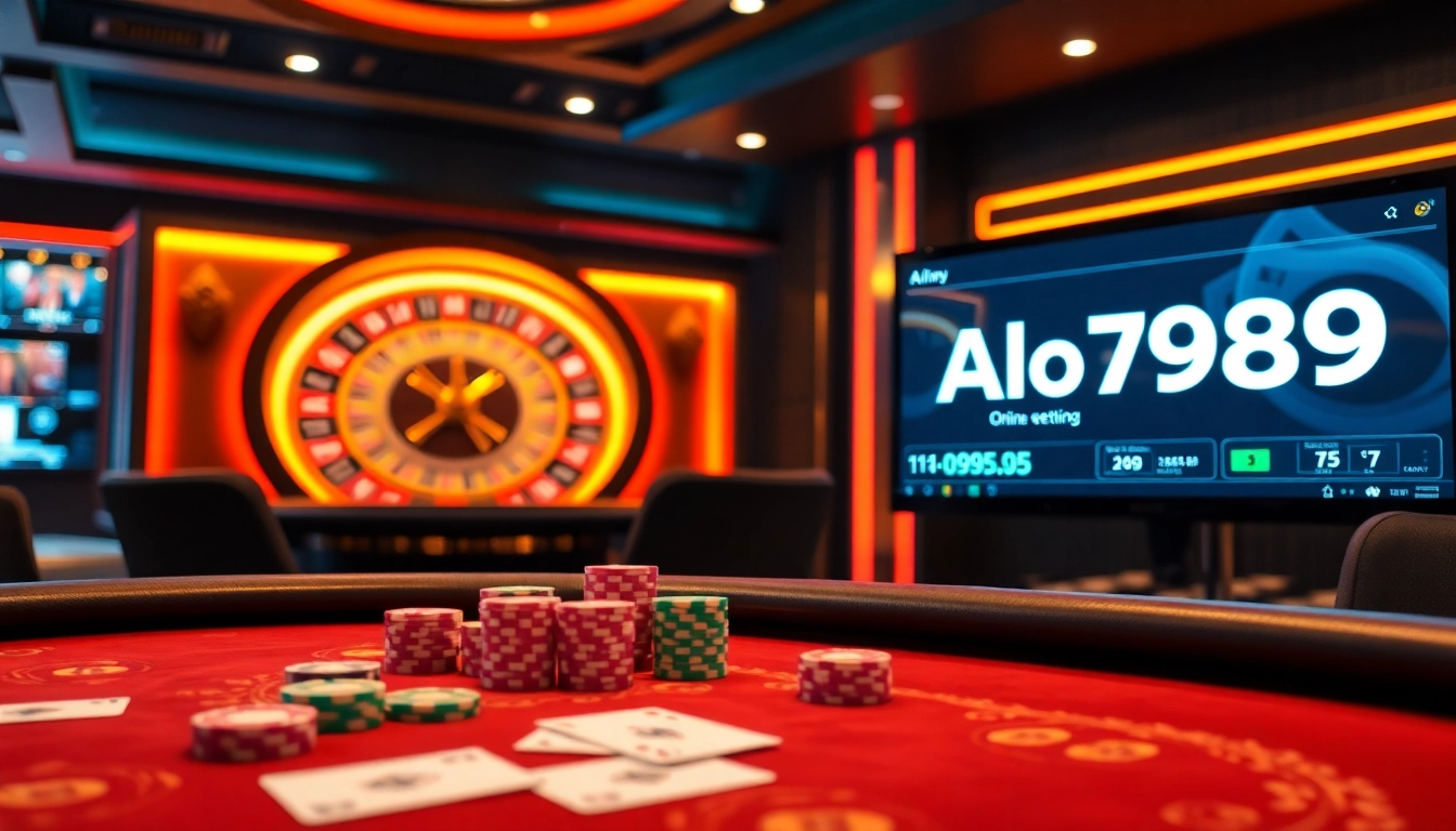 A dynamic casino environment showcasing the Alo789 Link for online betting with poker chips and cards.