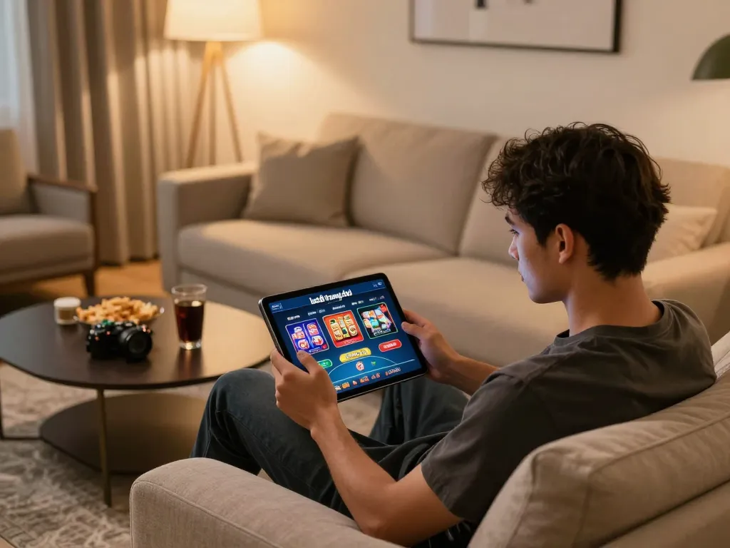 Engaging with luck8 trang chủ on a tablet while enjoying a cozy home gaming setup.
