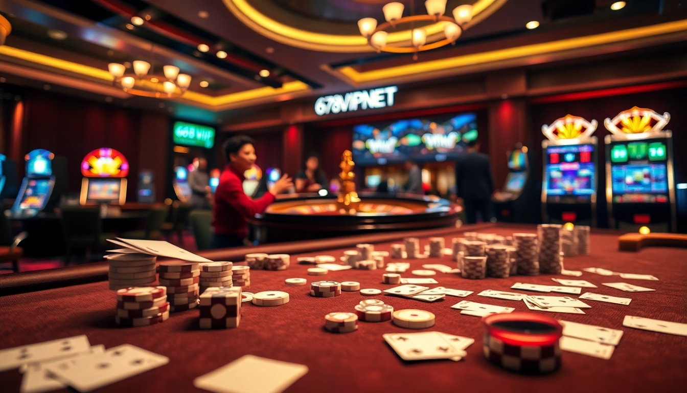 Engaging casino atmosphere with gaming tables, virtual interface of 678VIP NET, and excited players.