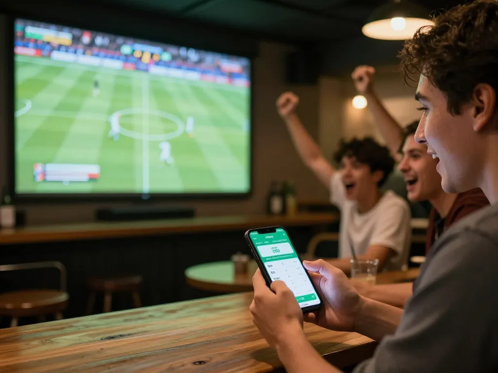 KÈO TRỰC TUYẾN betting enthusiast engaged with live odds on smartphone at sports bar