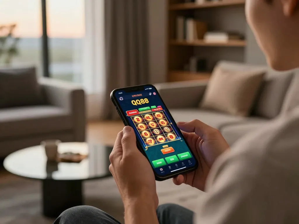 Engaging with QQ88 app in a stylish home setup, showcasing online casino gaming.