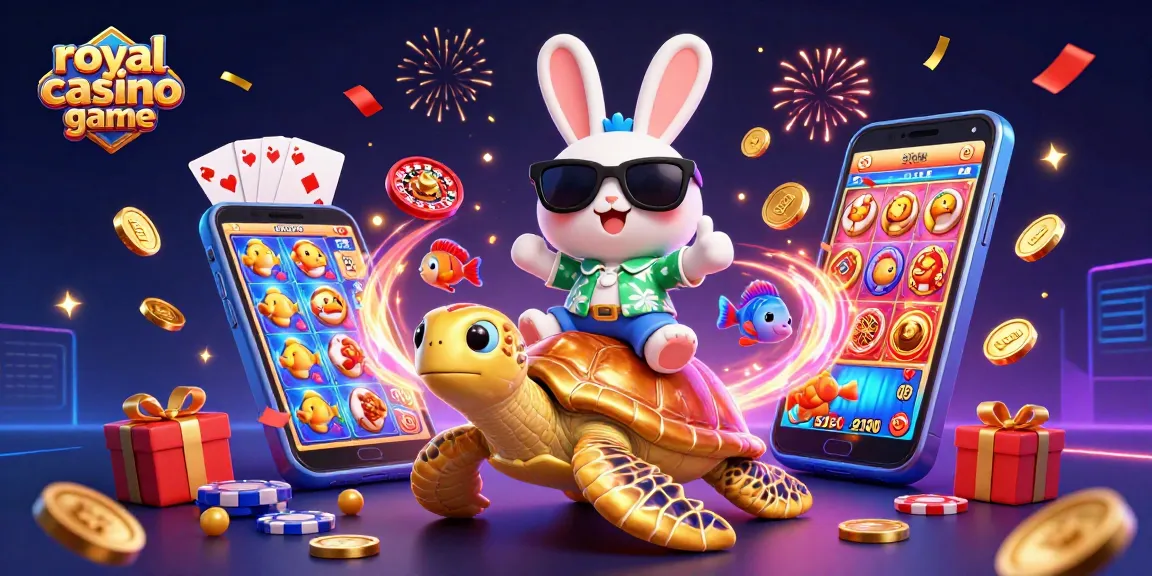 Engage with royal casino game featuring a cheerful rabbit and golden turtle enjoying a dynamic slot experience.
