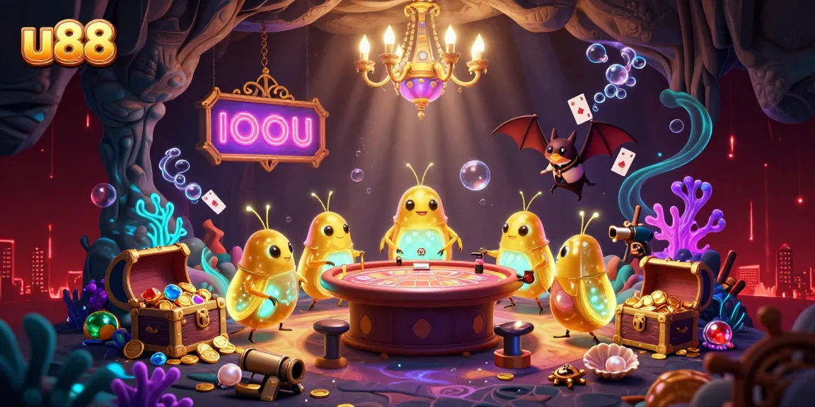 Discover u88's vibrant cave casino illuminated by glowworms and a bat dealer, showcasing thrilling gambling action.