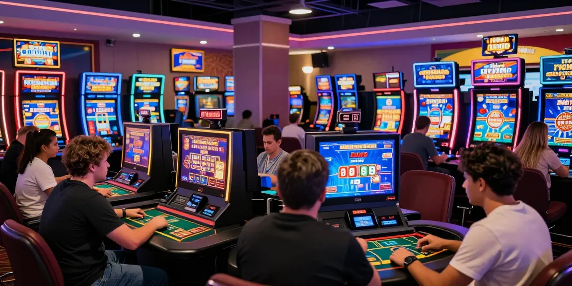 A group of players at https://mvc.org.uk engaging in exciting gameplay at a vibrant credit card casino, showcasing diverse games and a lively atmosphere.