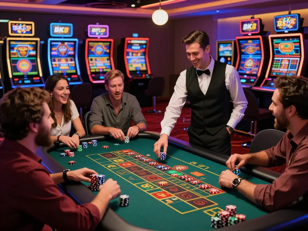 Exciting BK8 online gambling scene depicting players engaged at a roulette table with vibrant casino atmosphere.