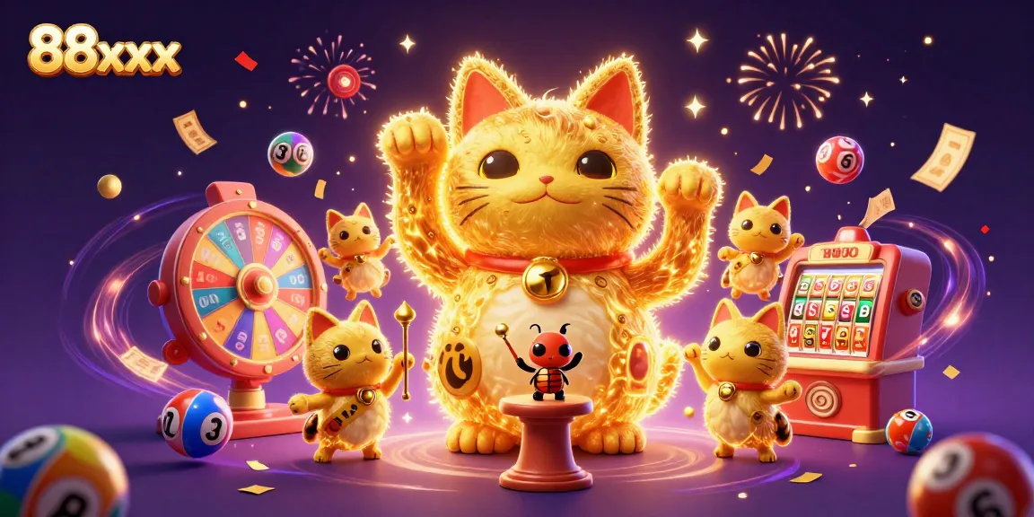 Experience the excitement of 88xx with vibrant lottery balls and a lucky cat symbolizing casino wins.