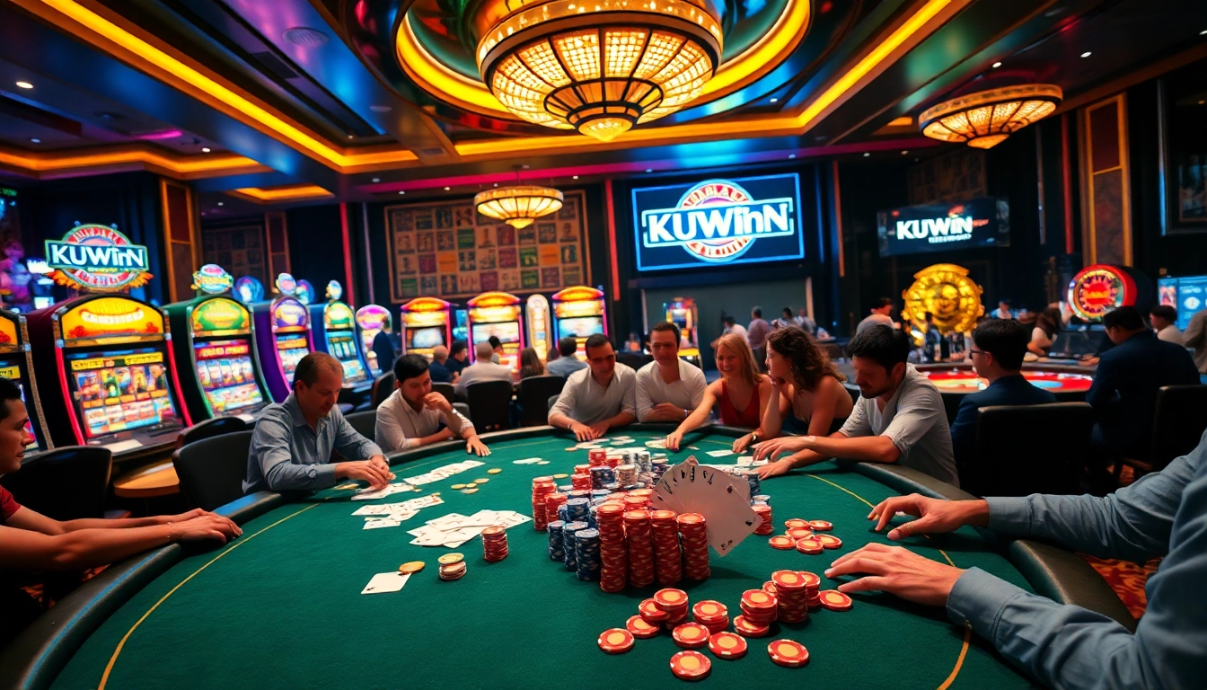 Engaging players at a luxurious KUWIN casino poker table filled with vibrant chips and cards.