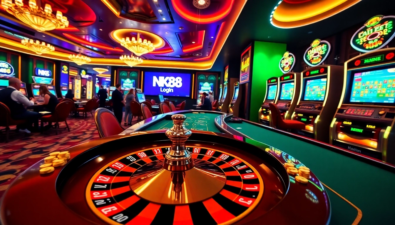Experience thrilling NK88 Đăng nhập at a vibrant casino with poker chips and roulette.