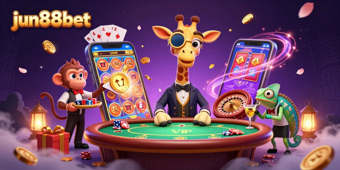 Experience thrilling gaming action with jun88bet in a vibrant casino setting featuring animated characters and slot games.